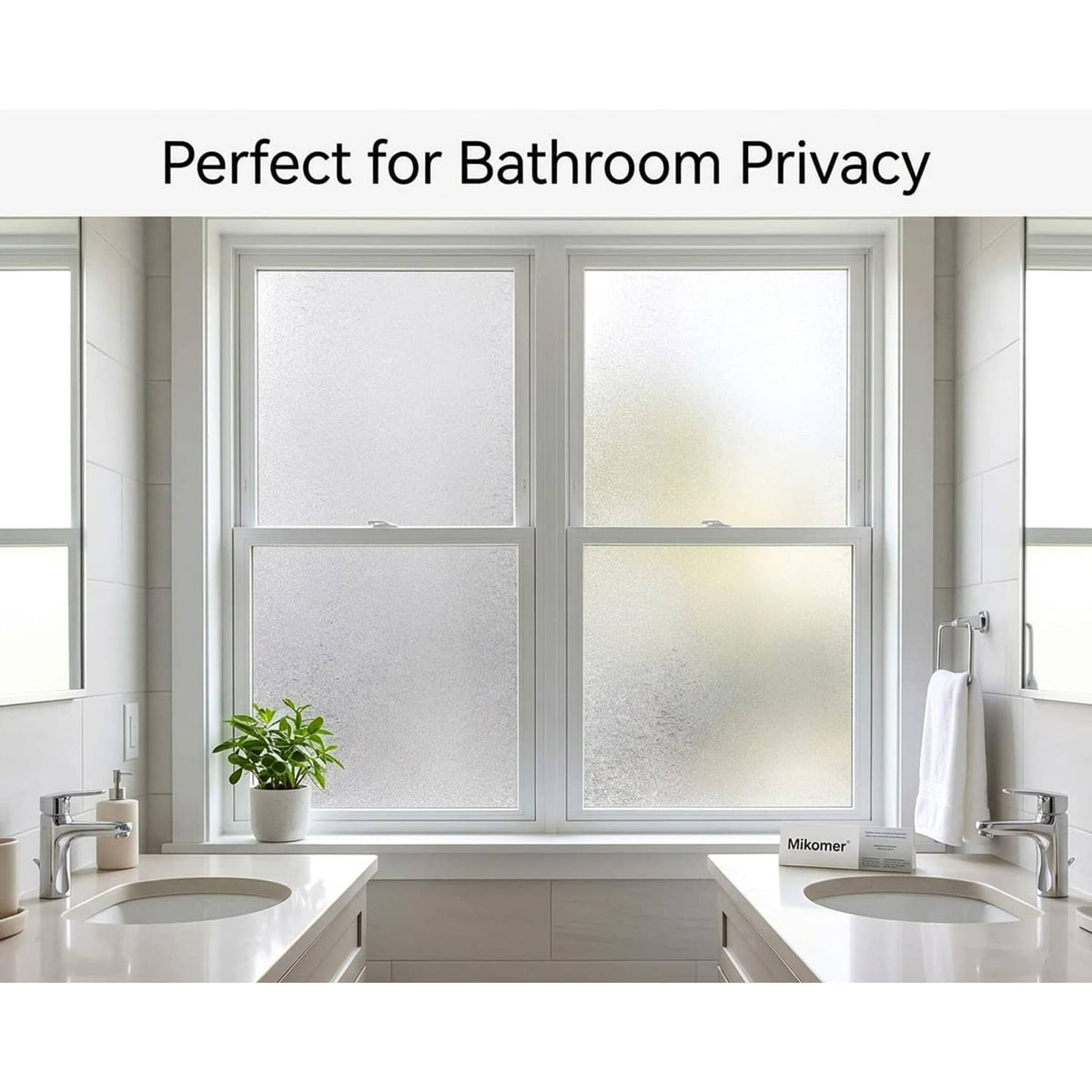Frosted privacy window film covering bathroom window panes with crystal-textured opacity