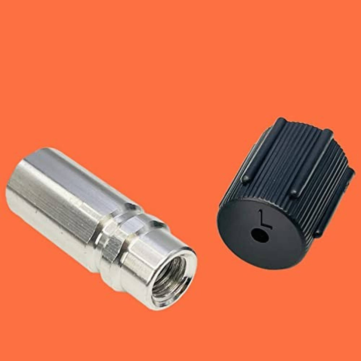 Air conditioning service cap and fitting pair: black cap and silver metal connector