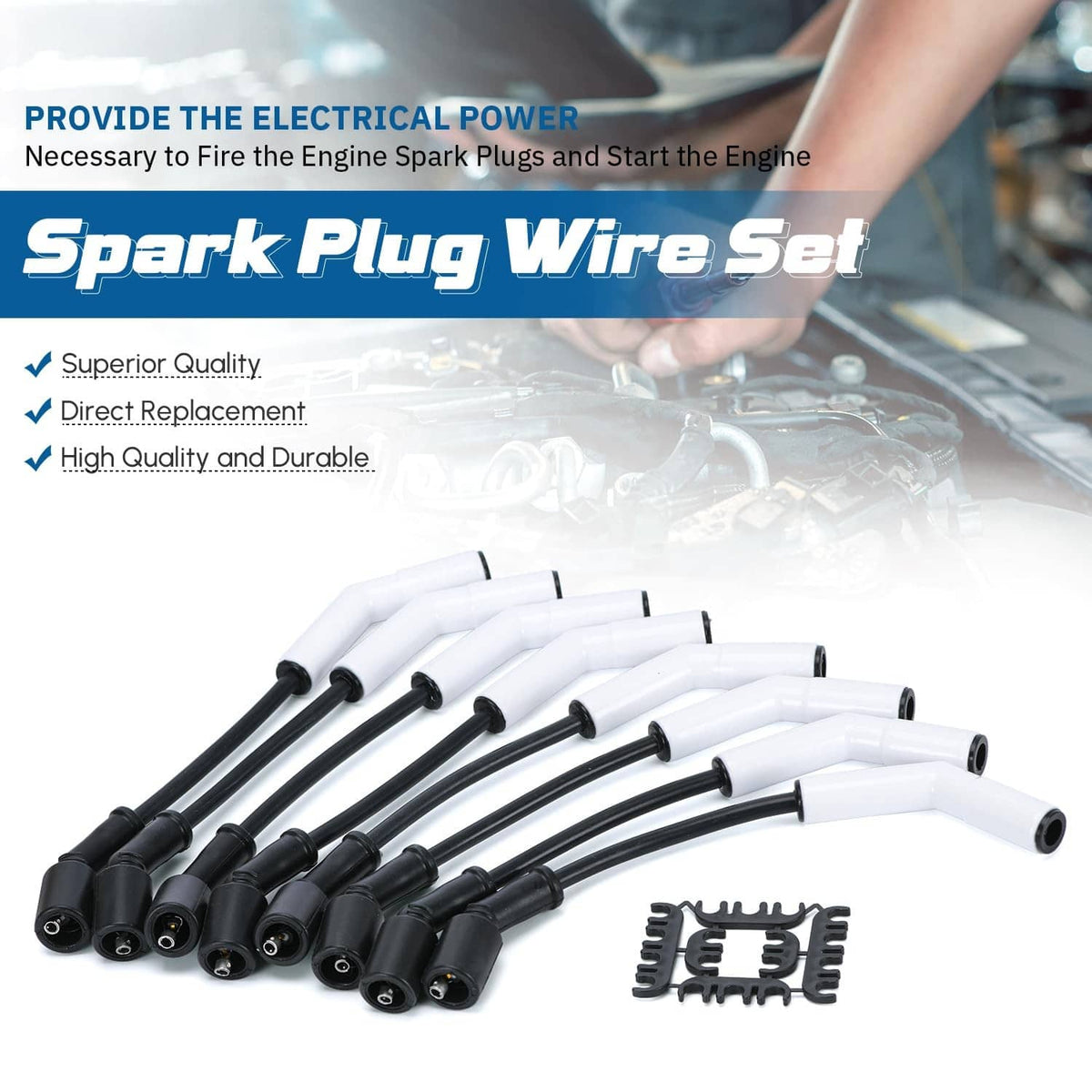 Spark plug wire set with black wires, white boots, and metal retainer clips