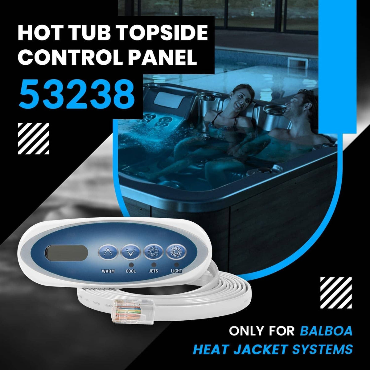 White hot tub topside control panel with 4 buttons, LCD screen, and coiled cable