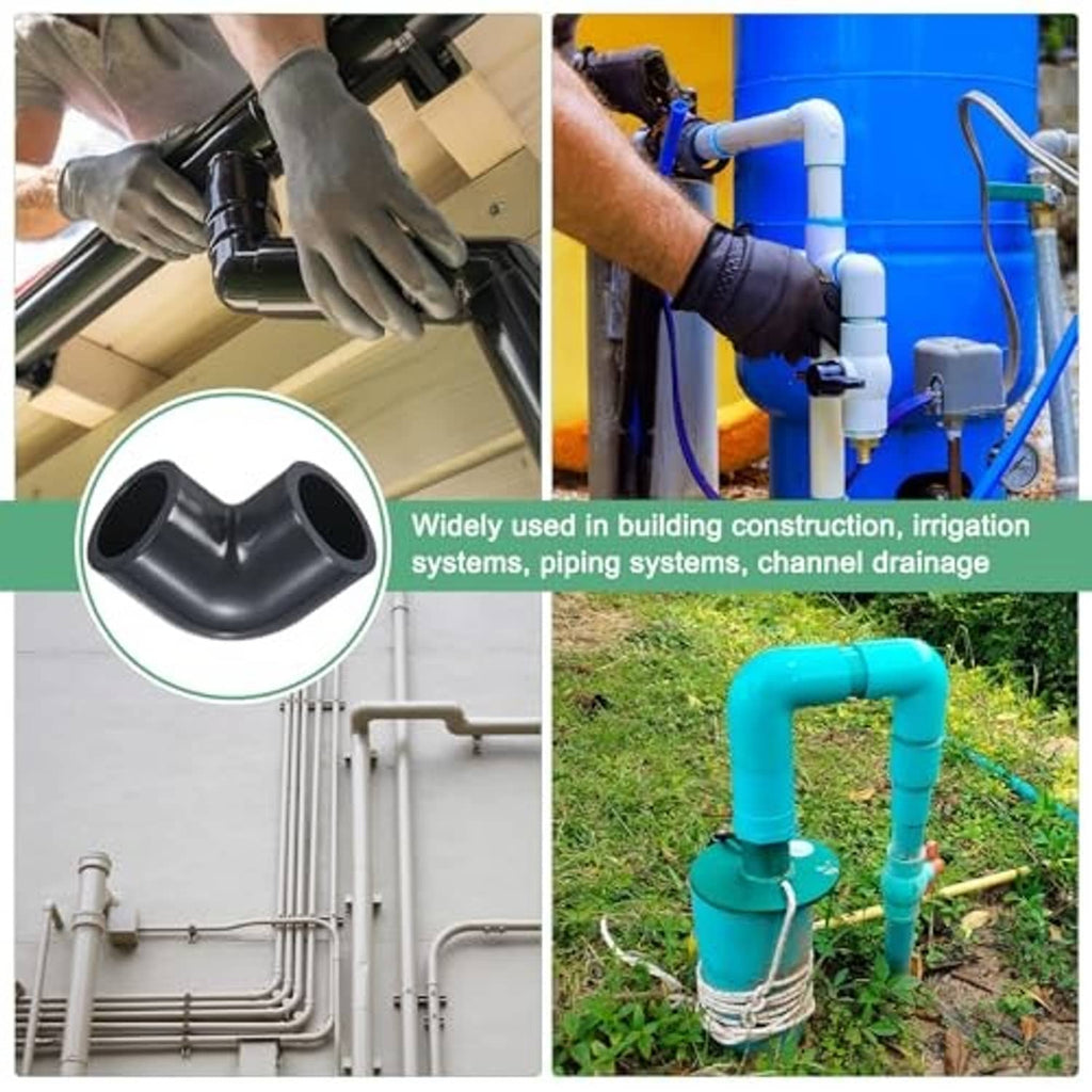 Black 90-degree UPVC socket elbow connector shown in plumbing and irrigation setups
