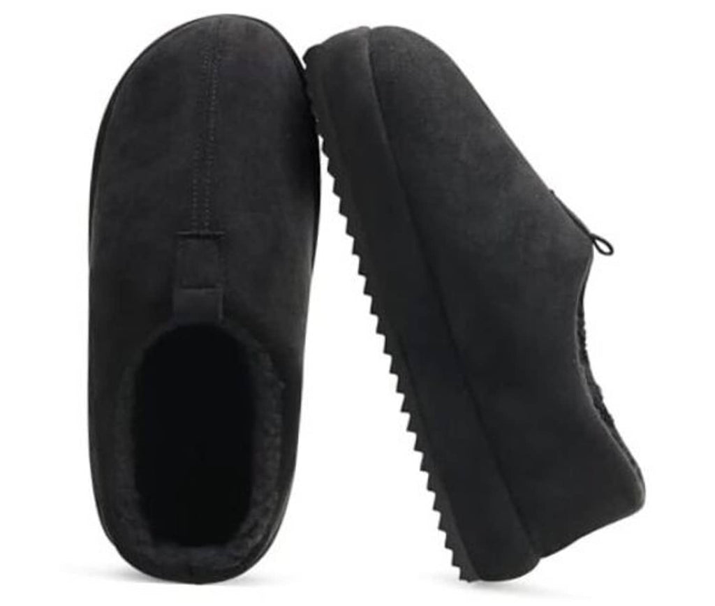 Black suede-look clog slippers with open back and thick cushioned sole