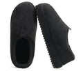 Black suede-look clog slippers with open back and thick cushioned sole