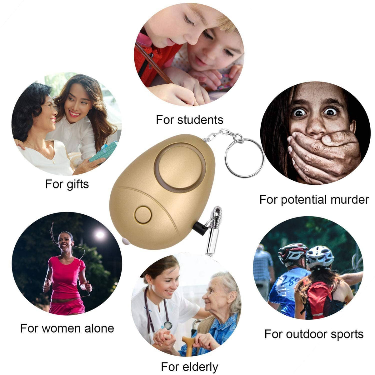 Tan personal security alarm keychain with key ring and pull cord.