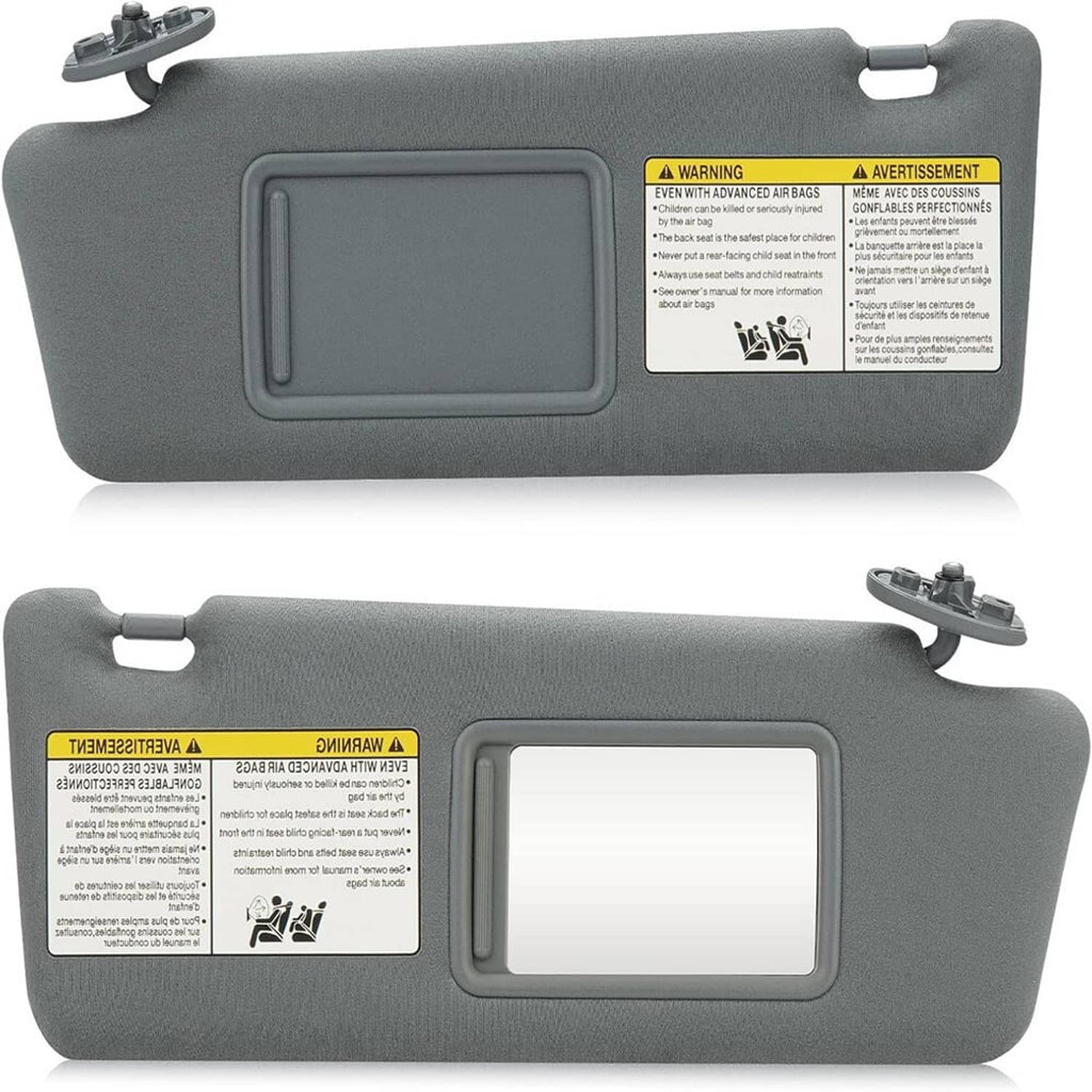 Gray sun visor pair with clips and mirror window, LH and RH driver/passenger