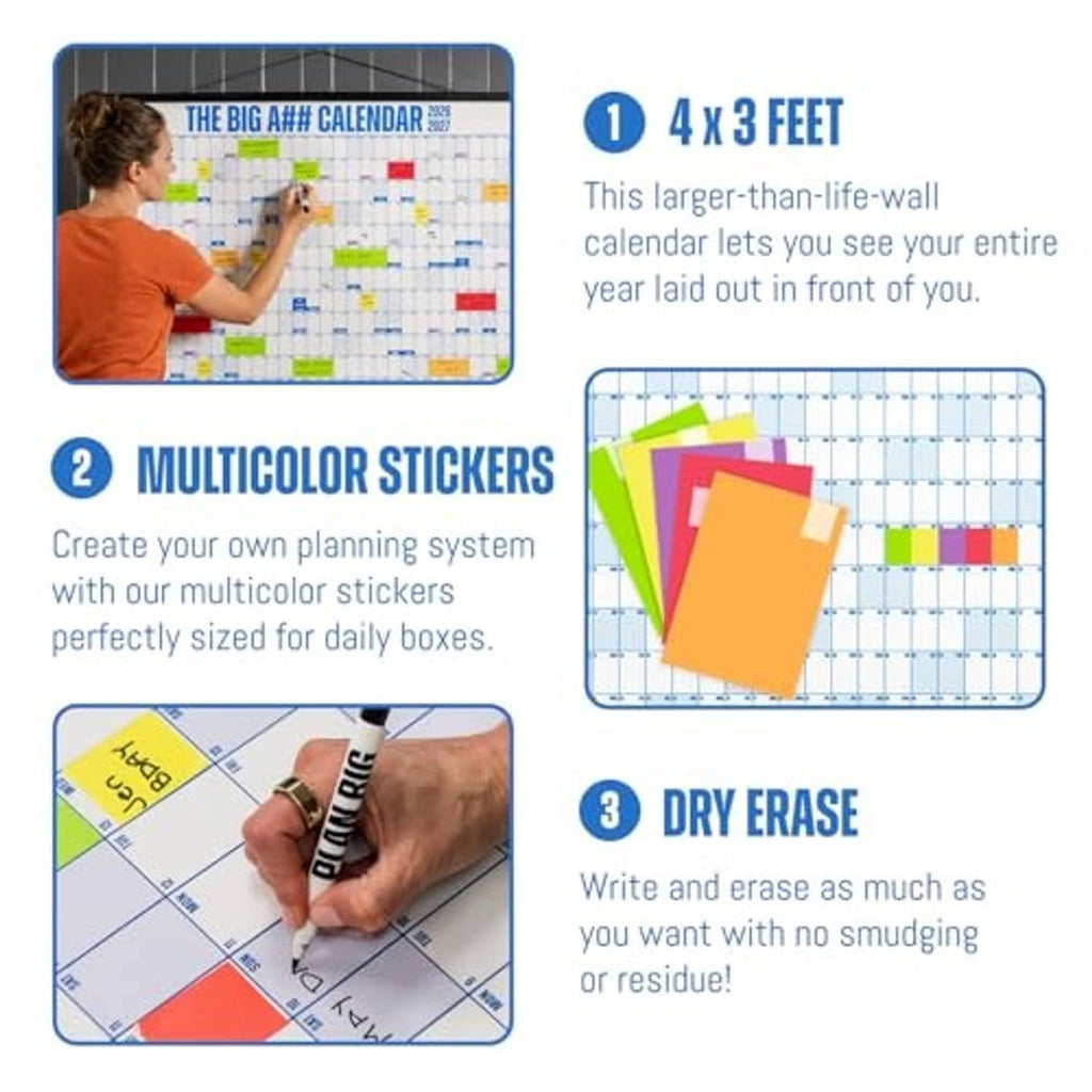 Dry-erase wall calendar features panel: 4x3 feet, multicolor stickers, custom labels