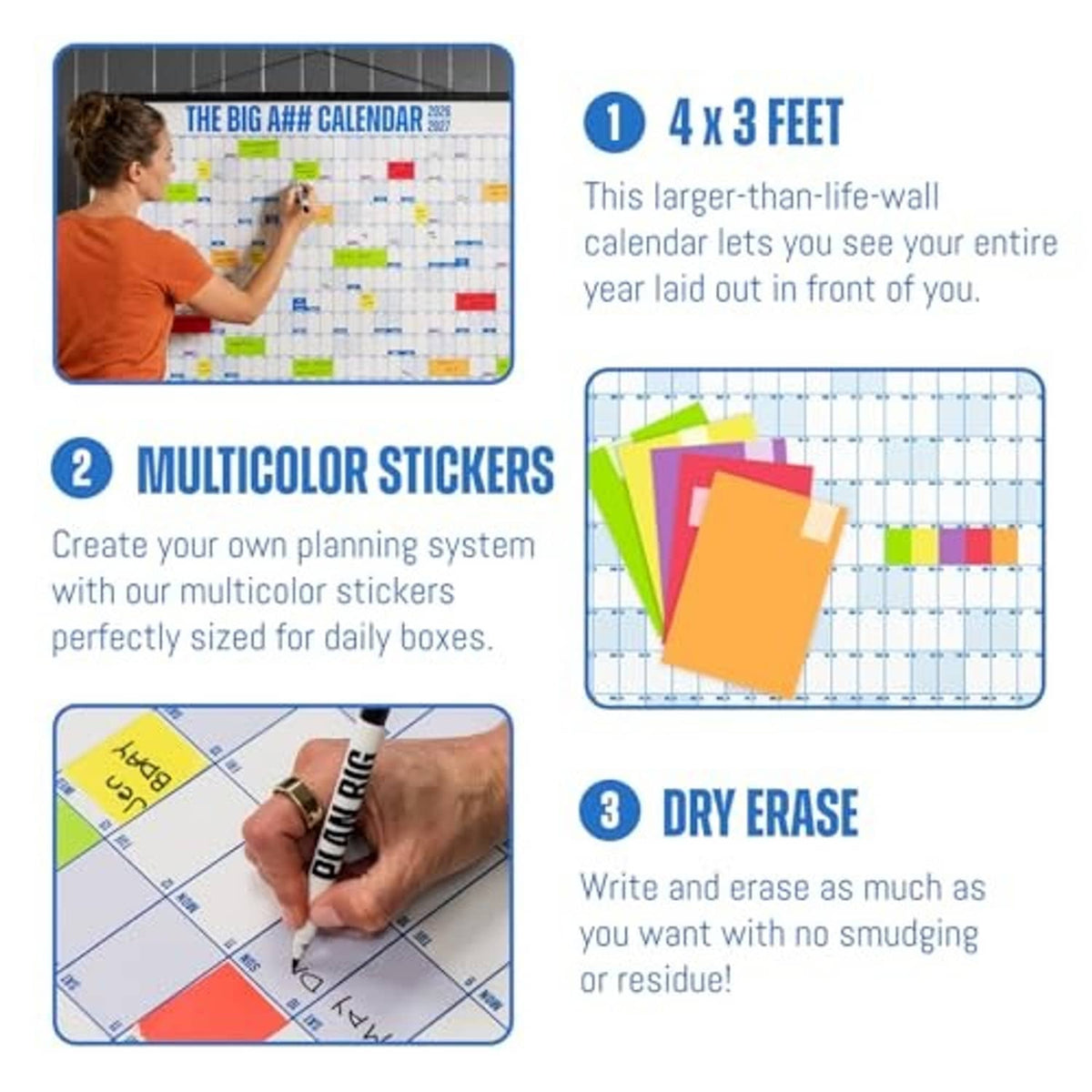 Dry-erase wall calendar features panel: 4x3 feet, multicolor stickers, custom labels