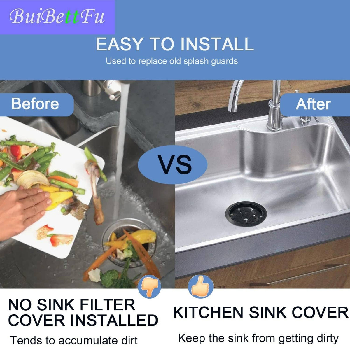 Black garbage disposal splash guard baffle seated in kitchen sink drain opening