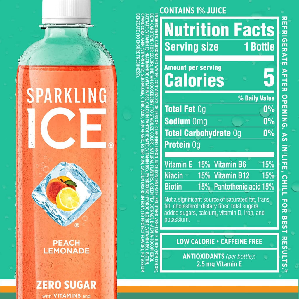 Sparkling Ice peach lemonade zero sugar bottle with nutrition facts panel