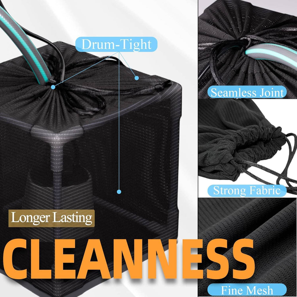 Black mesh pond filter barrier bag basket with reinforced seams and corded top