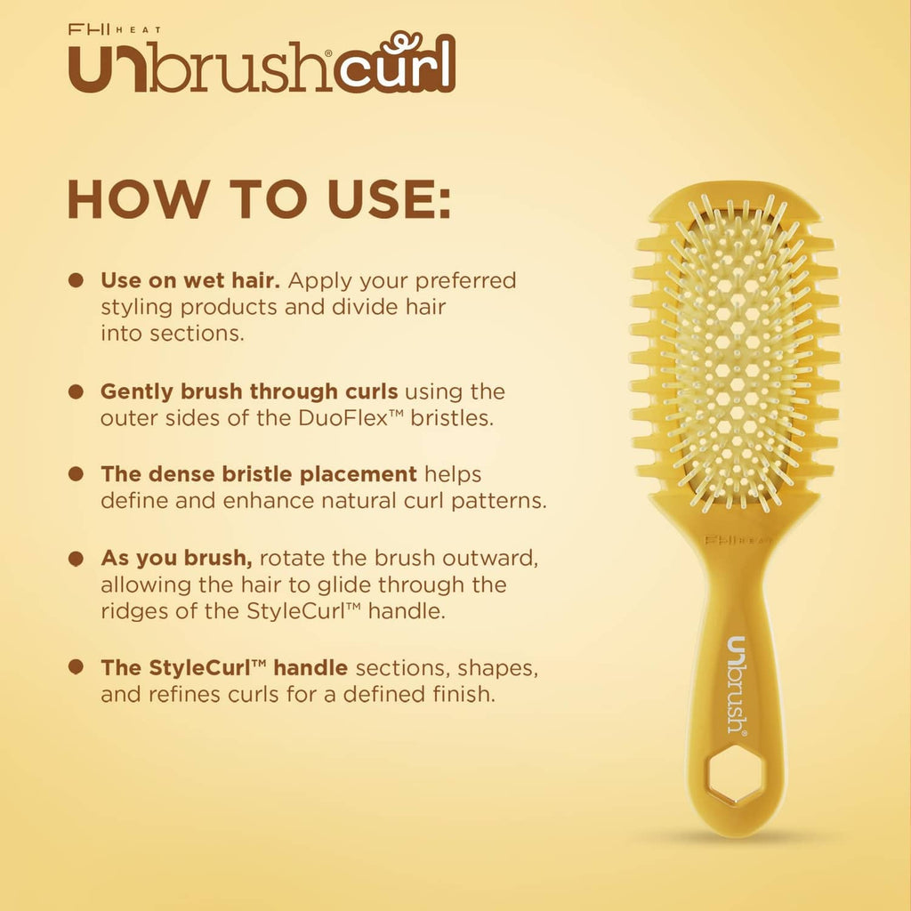 Curl defining brush in retail packaging with how-to use steps