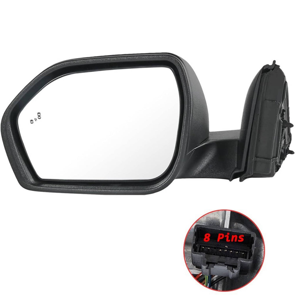 Black power folding mirror with 8-pin connector detail inset