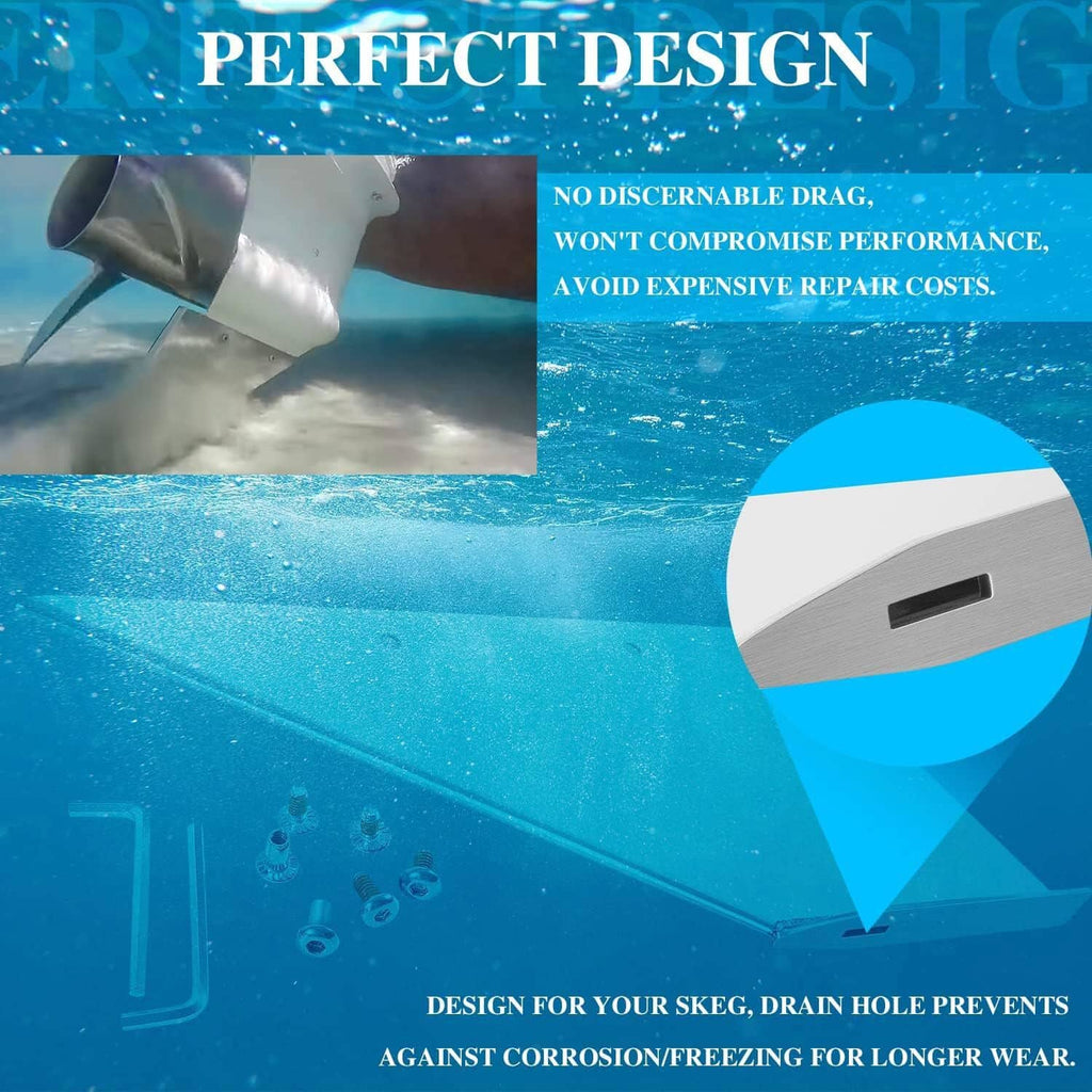 Stainless steel skeg guard protector with drain-hole design and smooth angled edge