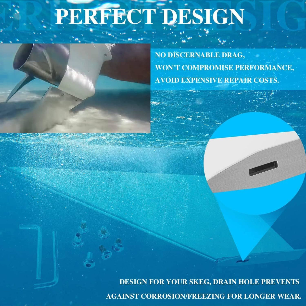 Stainless steel skeg guard protector with drain-hole design and smooth angled edge