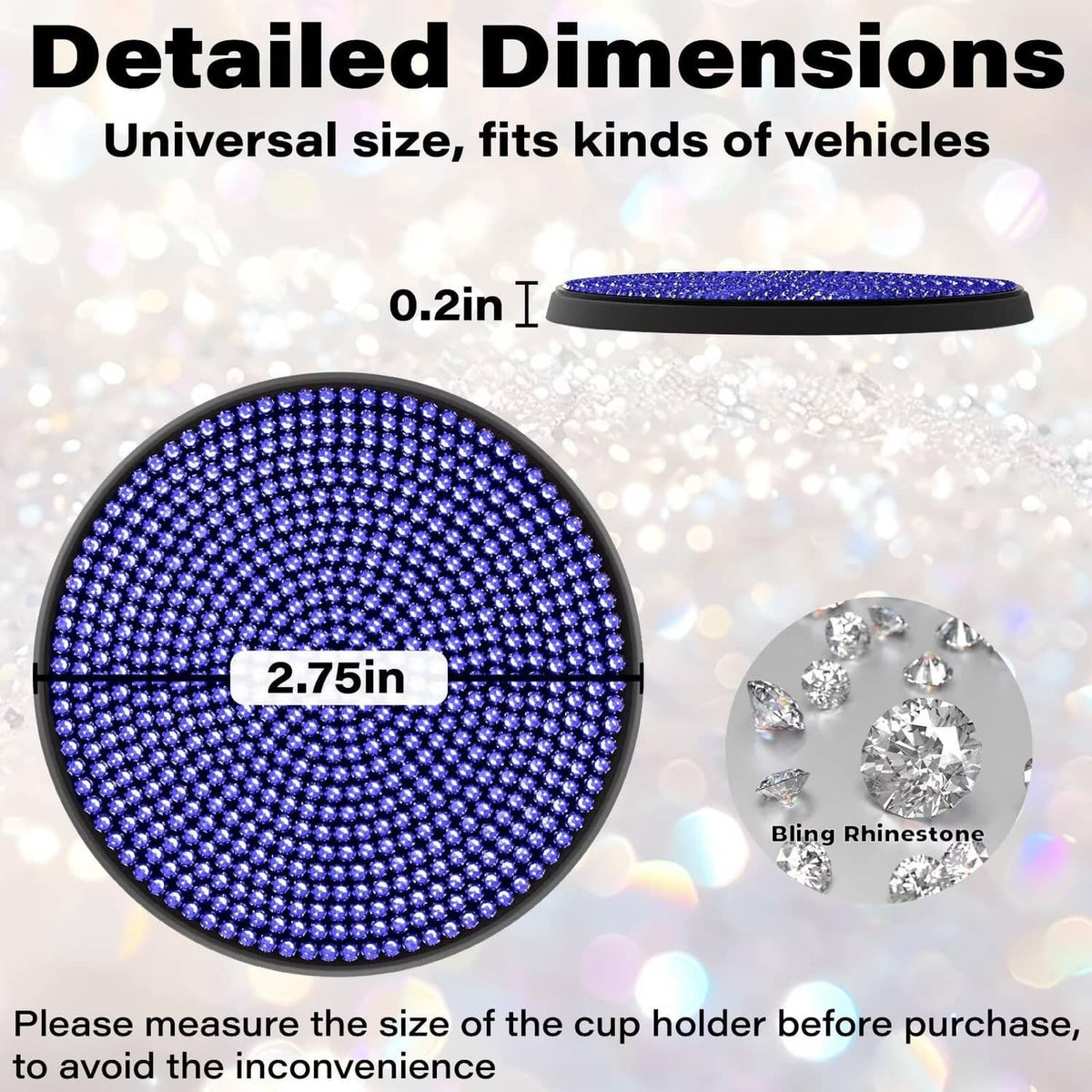 Blue rhinestone cup holder coaster, round 2.75-inch size, black rim