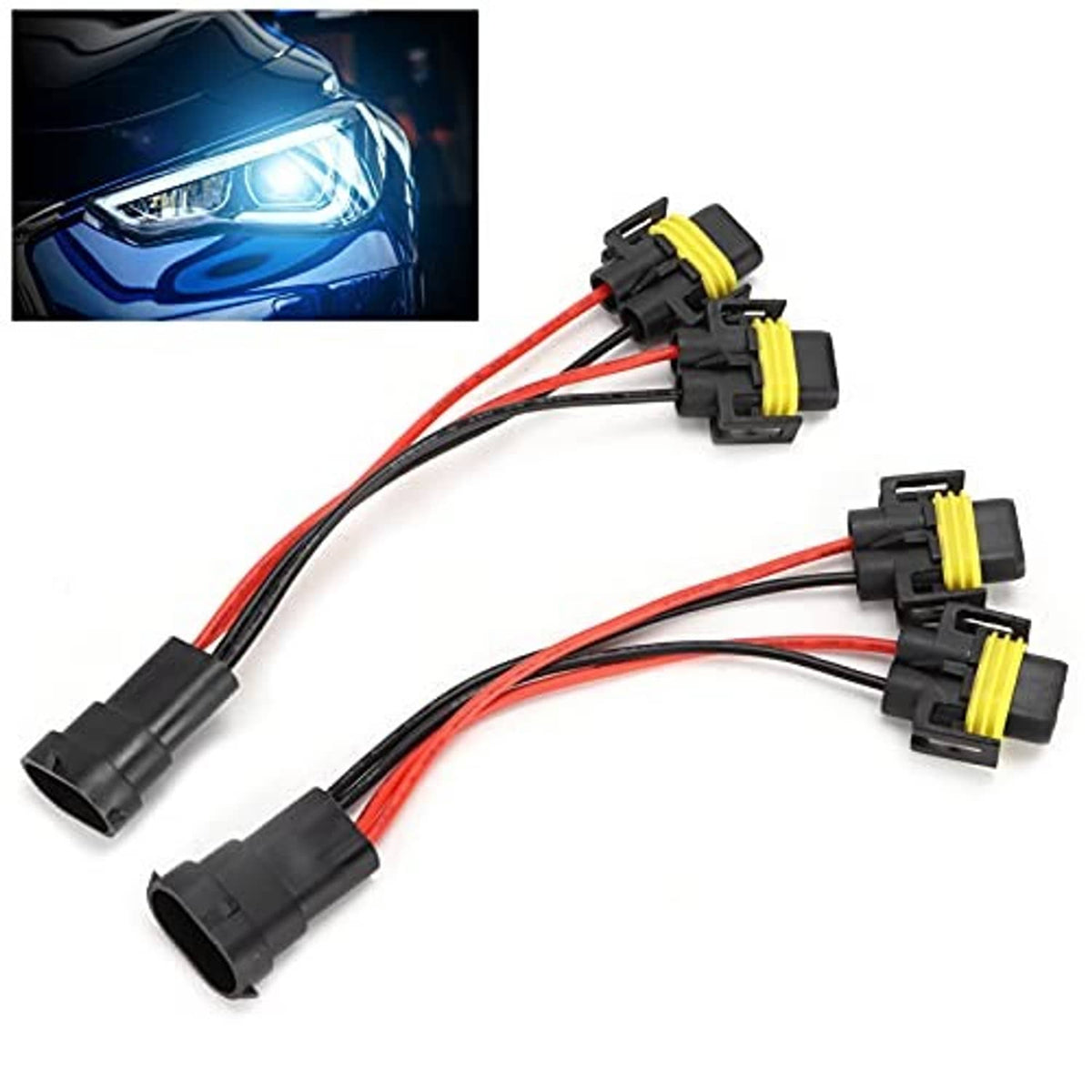 2-way H11/H8 wiring splitter connector set showing four junction plugs with yellow latch tabs