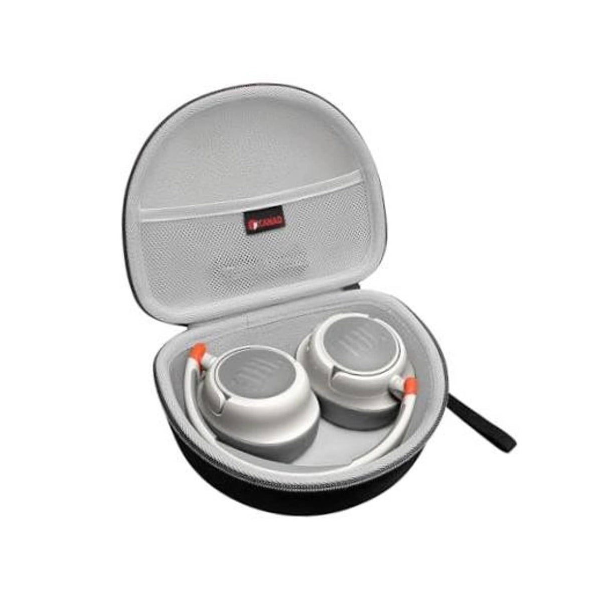 Gray hard headphone case, open with molded ear cup holders and black carrying strap.