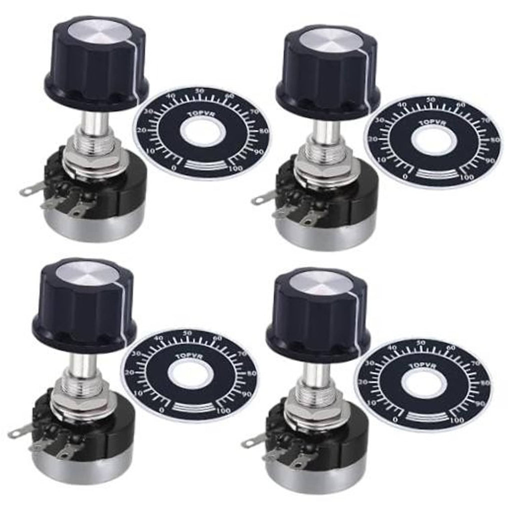 Rotary taper potentiometer set: black knobs, metal bases, four dials with scale markings
