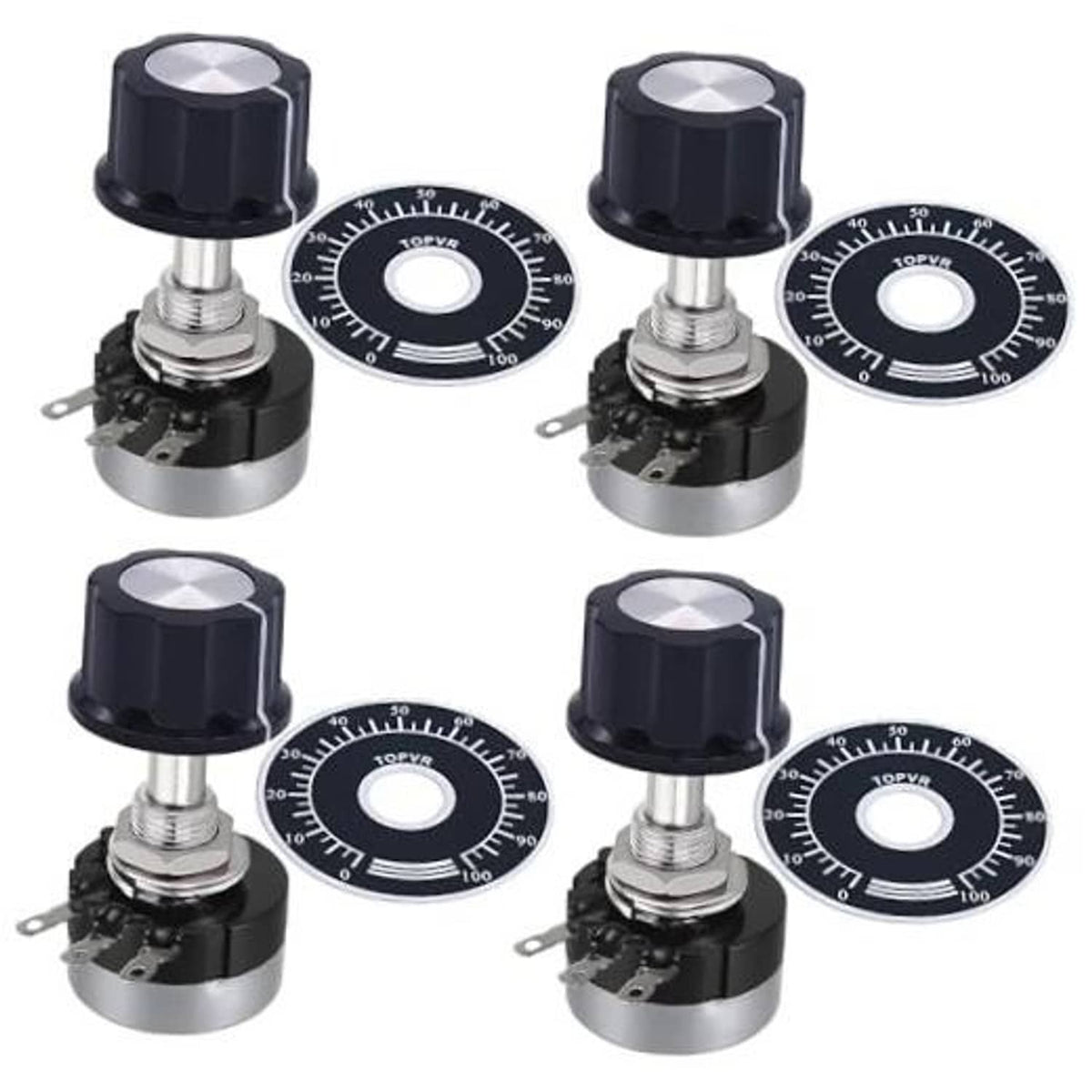 Rotary taper potentiometer set: black knobs, metal bases, four dials with scale markings