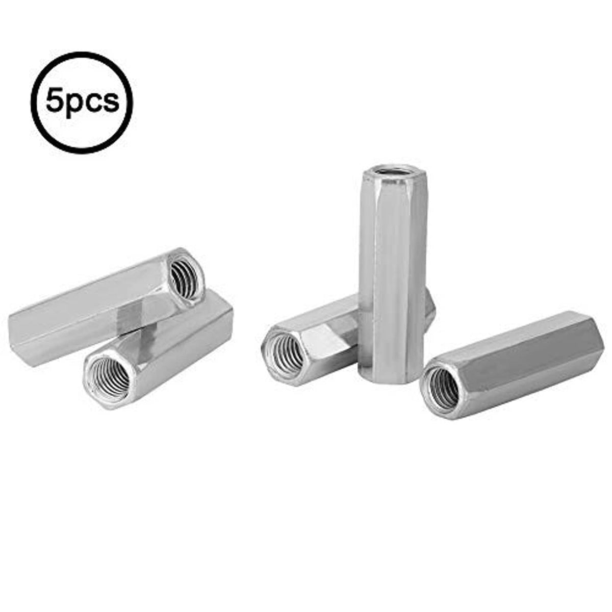 Three long rod hex coupling nuts, silver zinc-plated, showing threaded ends