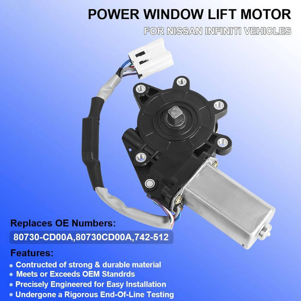 Power window lift motor with black gear housing, gray actuator, and wiring