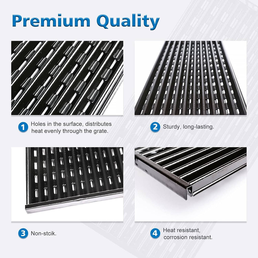 Grill grate detail showing evenly spaced slots and non-stick, corrosion-resistant surface