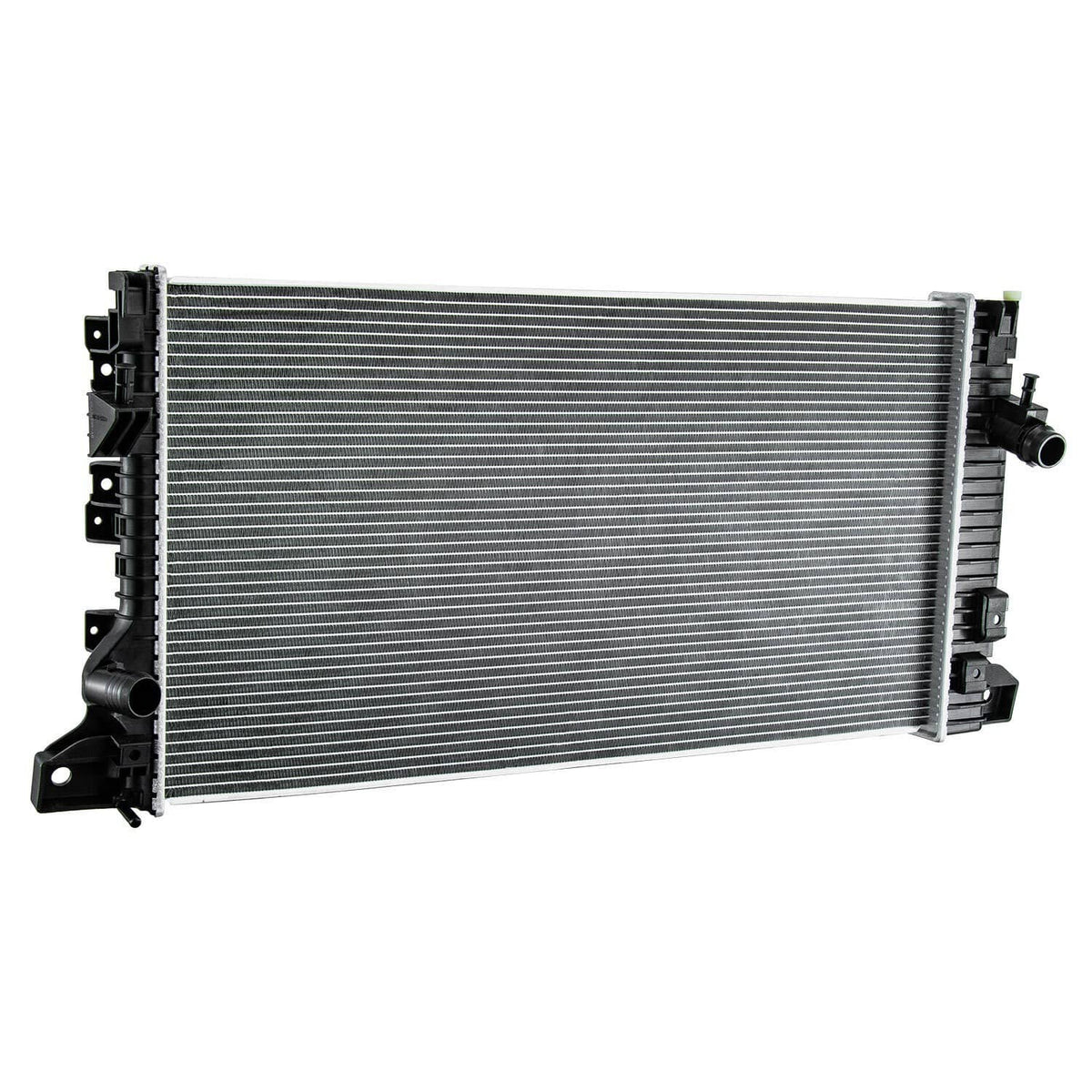 Vehicle radiator front view with silver cooling fins and black hose connections