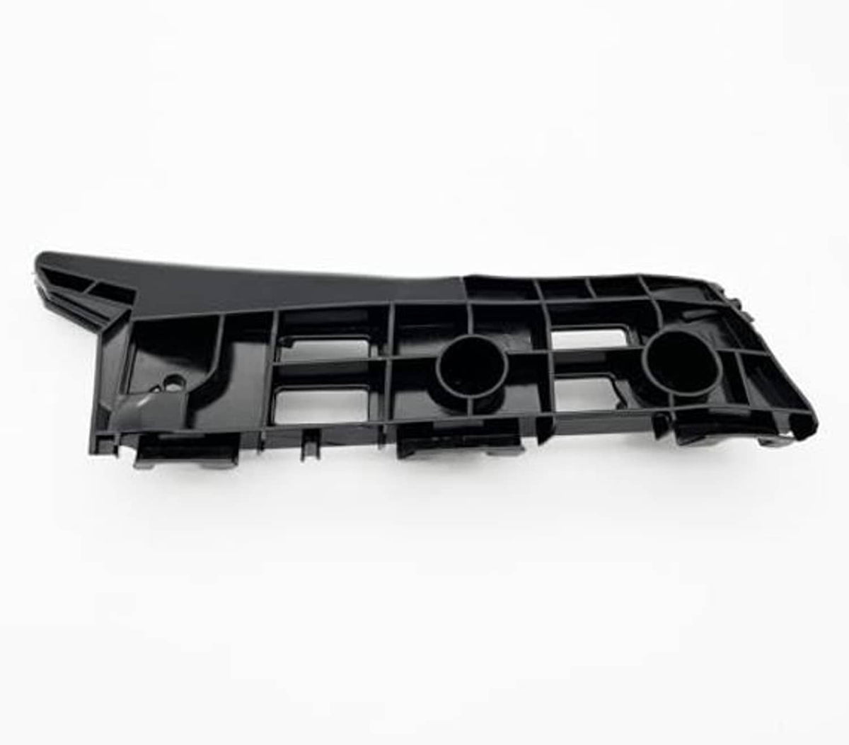 Right/passenger bumper bracket, black plastic panel with two round openings and cutouts