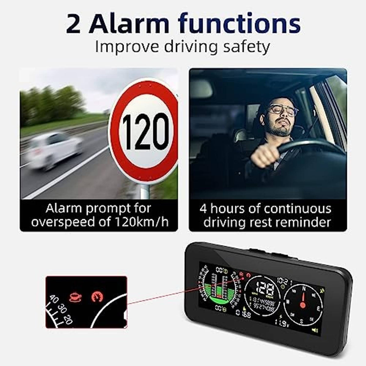 Digital inclinometer HUD with overspeed alarm indicator and dashboard mounting base