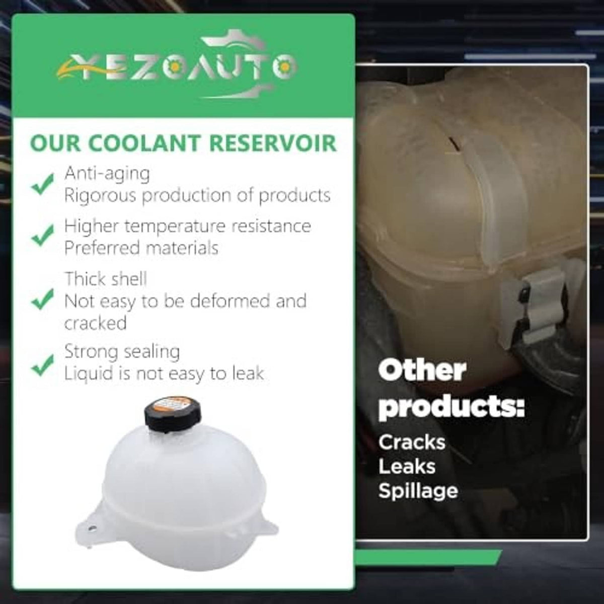 Coolant reservoir overflow tank with black cap, white plastic with mounting tabs