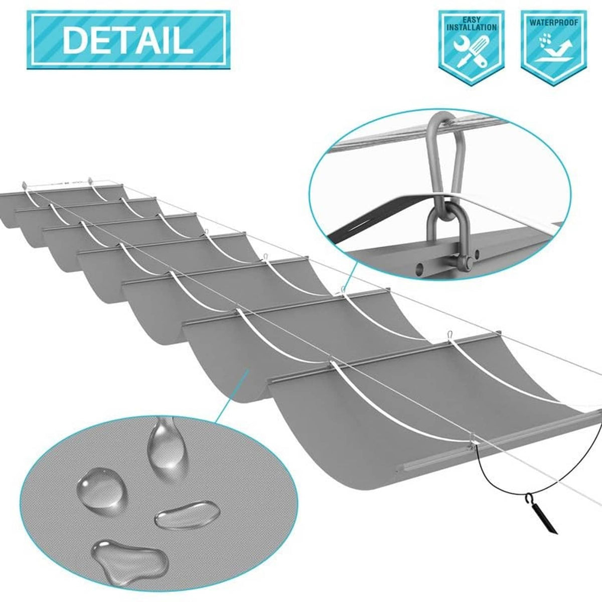 Gray wave shade canopy with hanging cords and attachment detail at the support arm