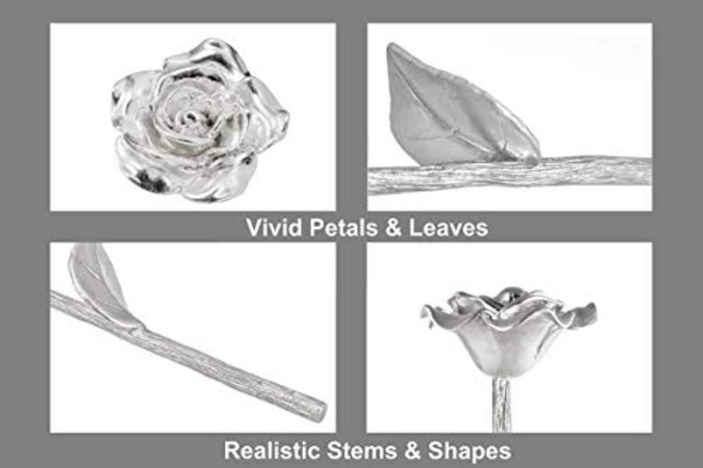 Silver tin rose ornament detail view of petals, leaves, and stem