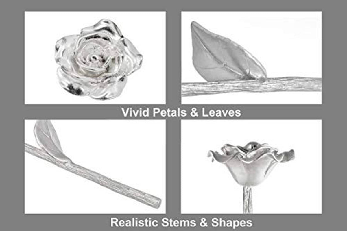 Silver tin rose ornament detail view of petals, leaves, and stem
