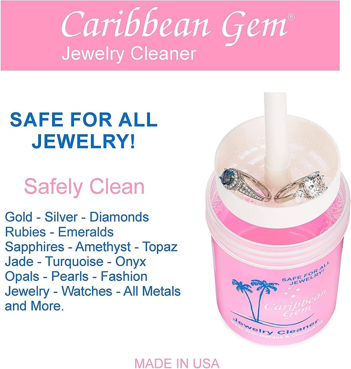 Safe-for-all jewelry cleaner cup with applicator tube in pink label