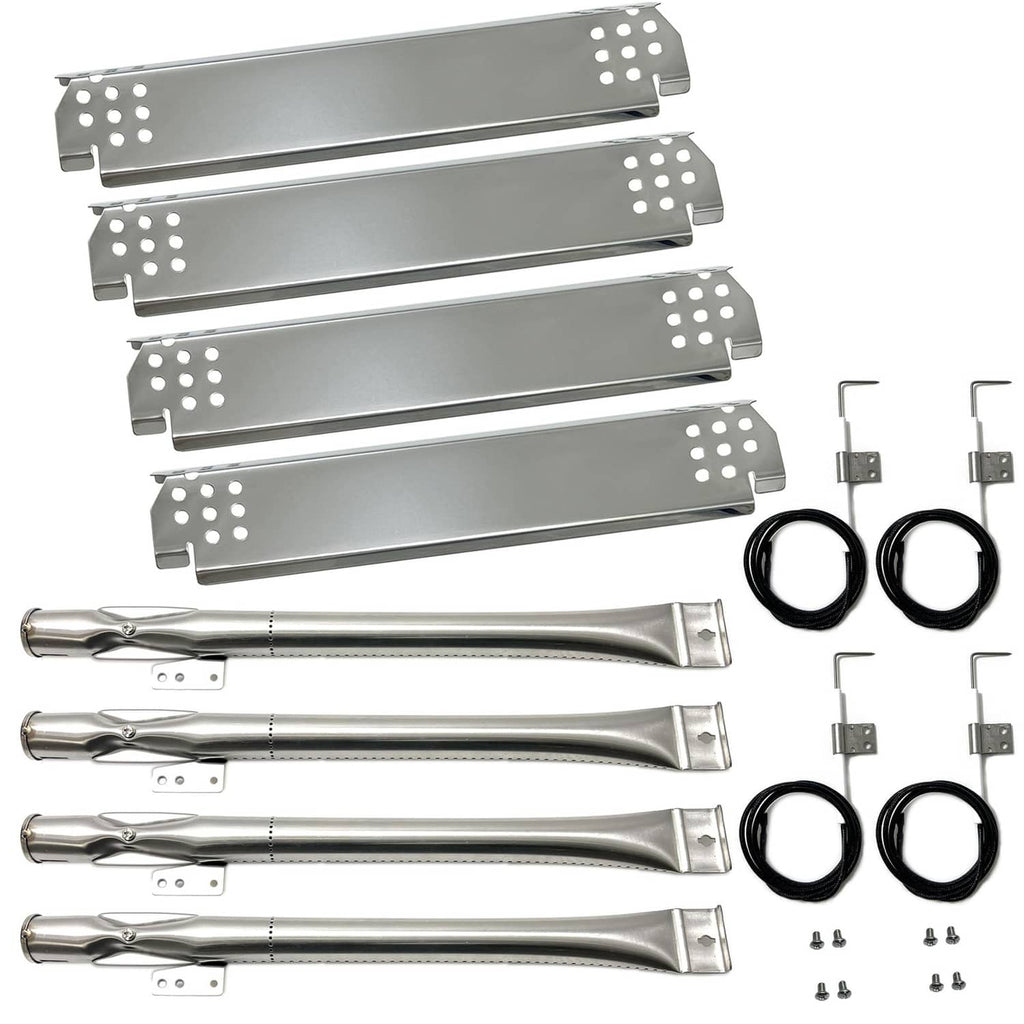 Stainless steel grill burner heat plates and tubes with ignition wires and brackets