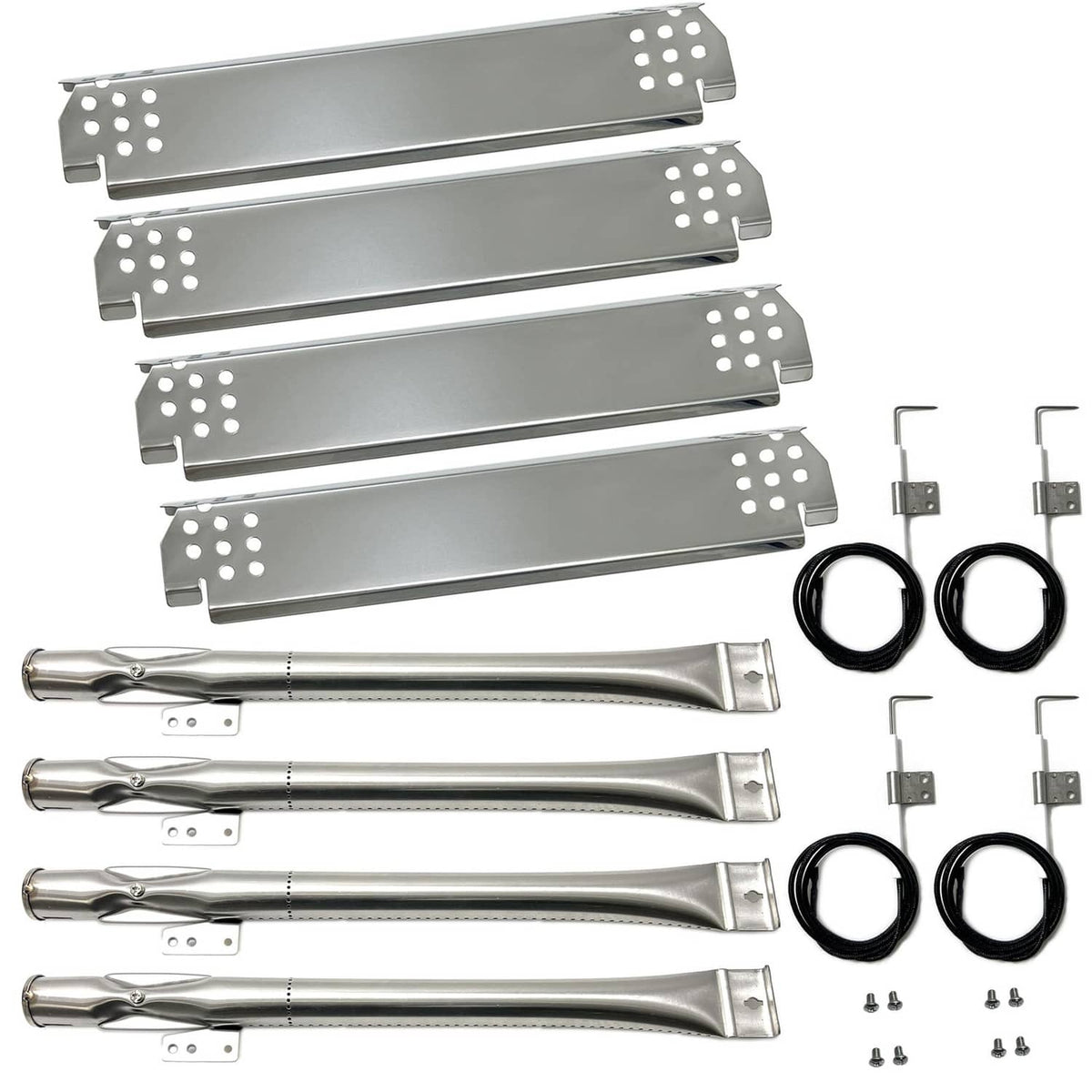 Stainless steel grill burner heat plates and tubes with ignition wires and brackets