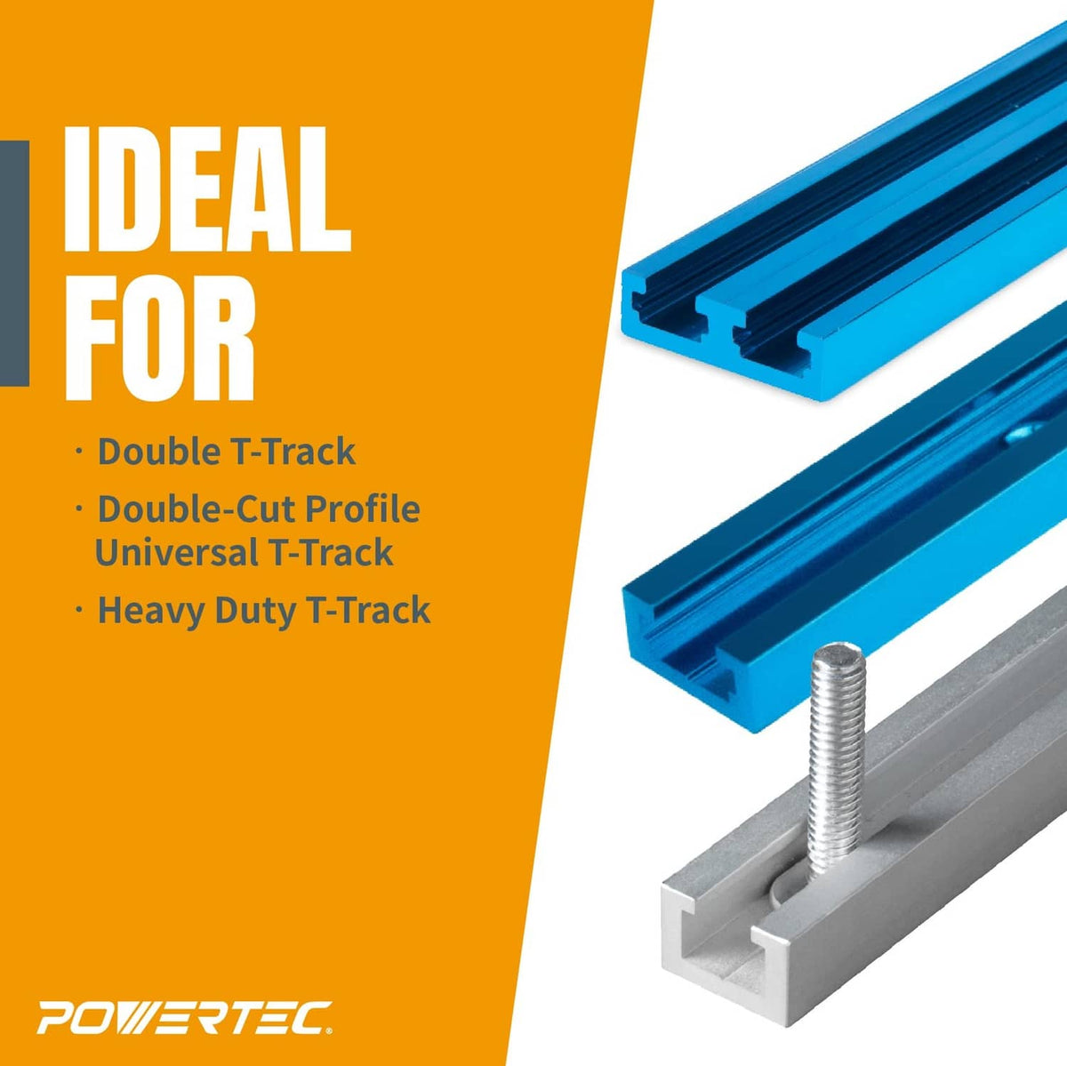 Blue T-track channel clamp with threaded bolt holding workpiece