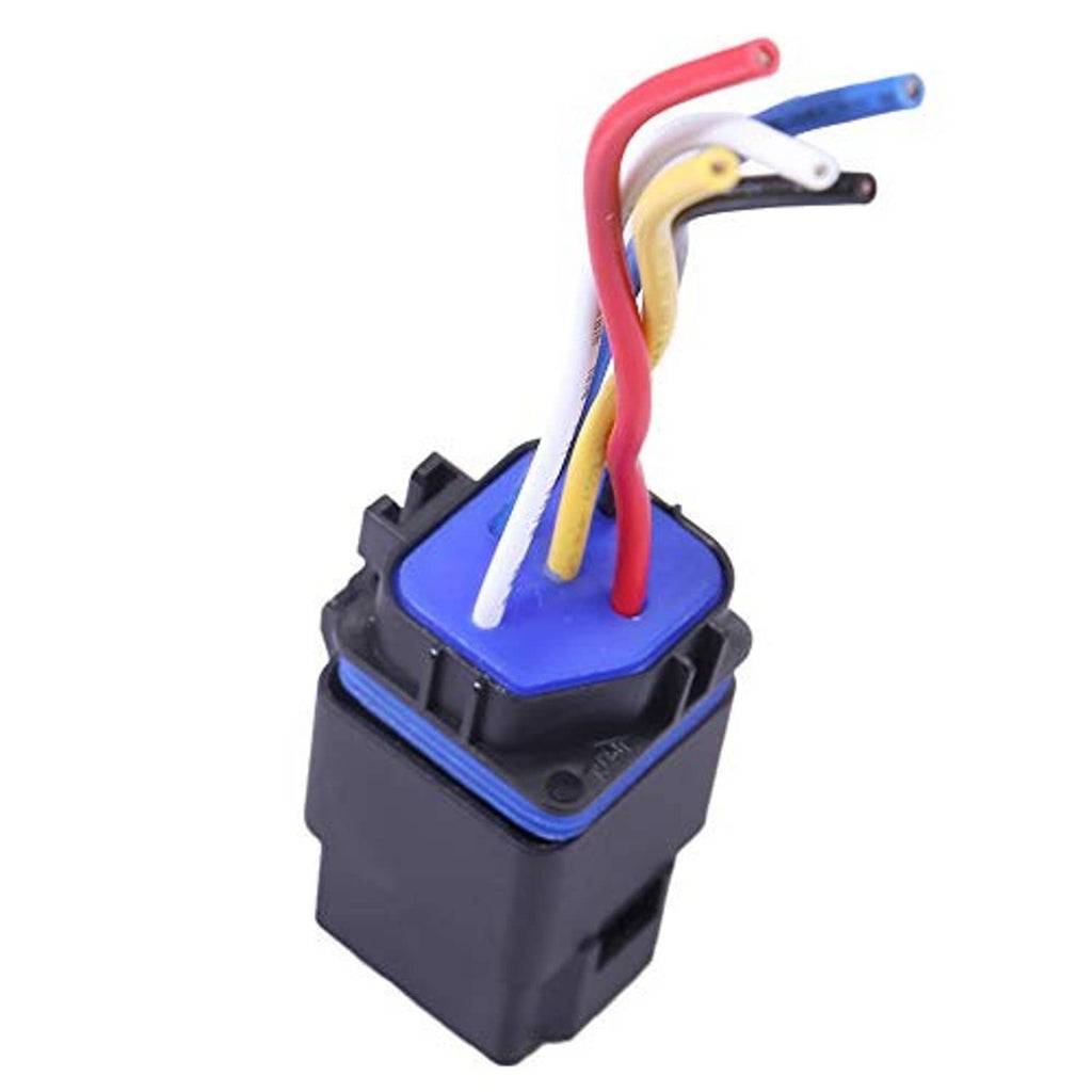 Black relay with blue top cover and bundled red, blue, and yellow wires