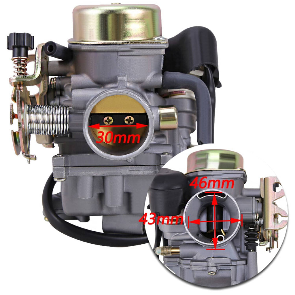 30mm GY6 carburetor close-up with labeled intake throat and throttle linkage