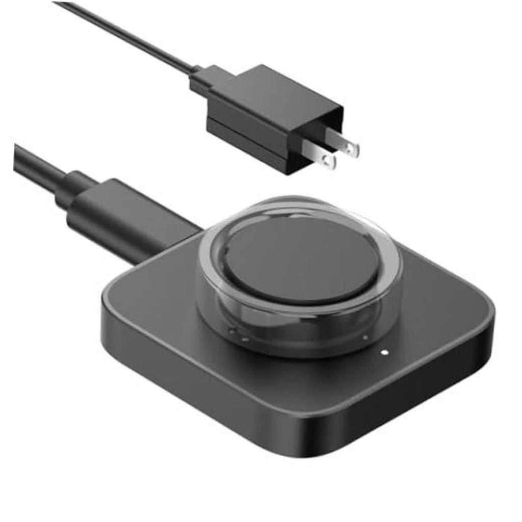 Black smart ring charging dock with round cradle and connected cable