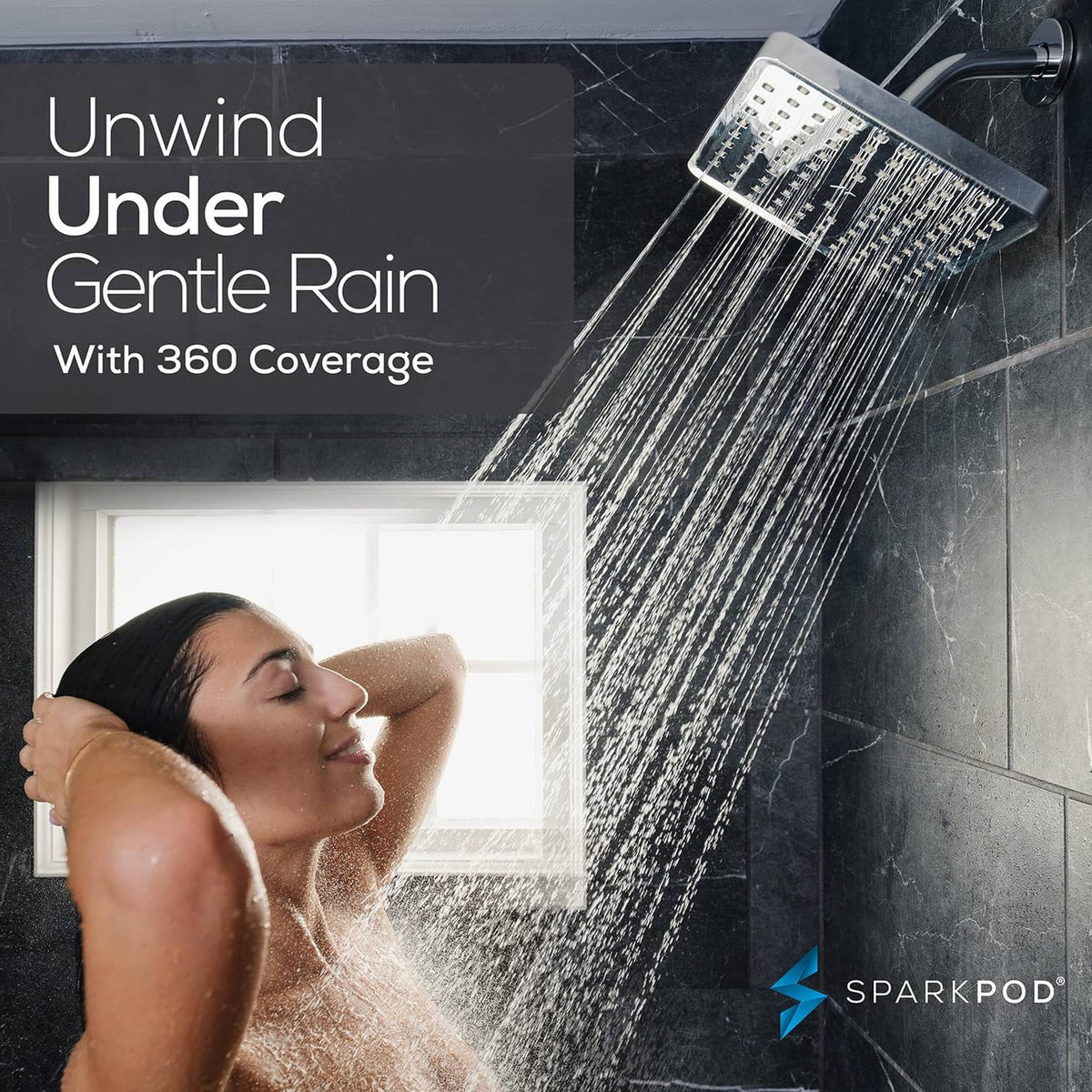 Square rain shower head with 360 coverage water spray pattern