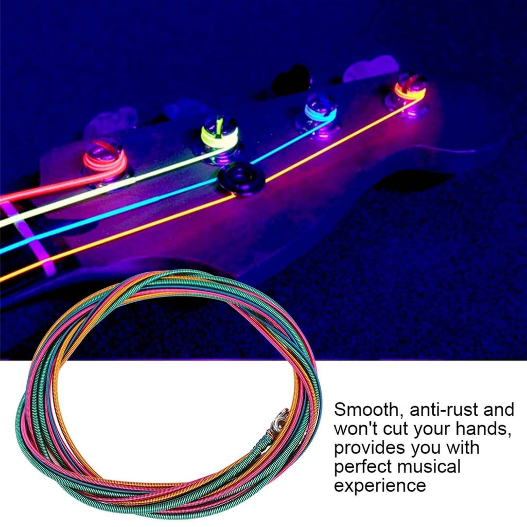 Colorful steel bass string bundle with teal, pink, and gold coils and metal end loops