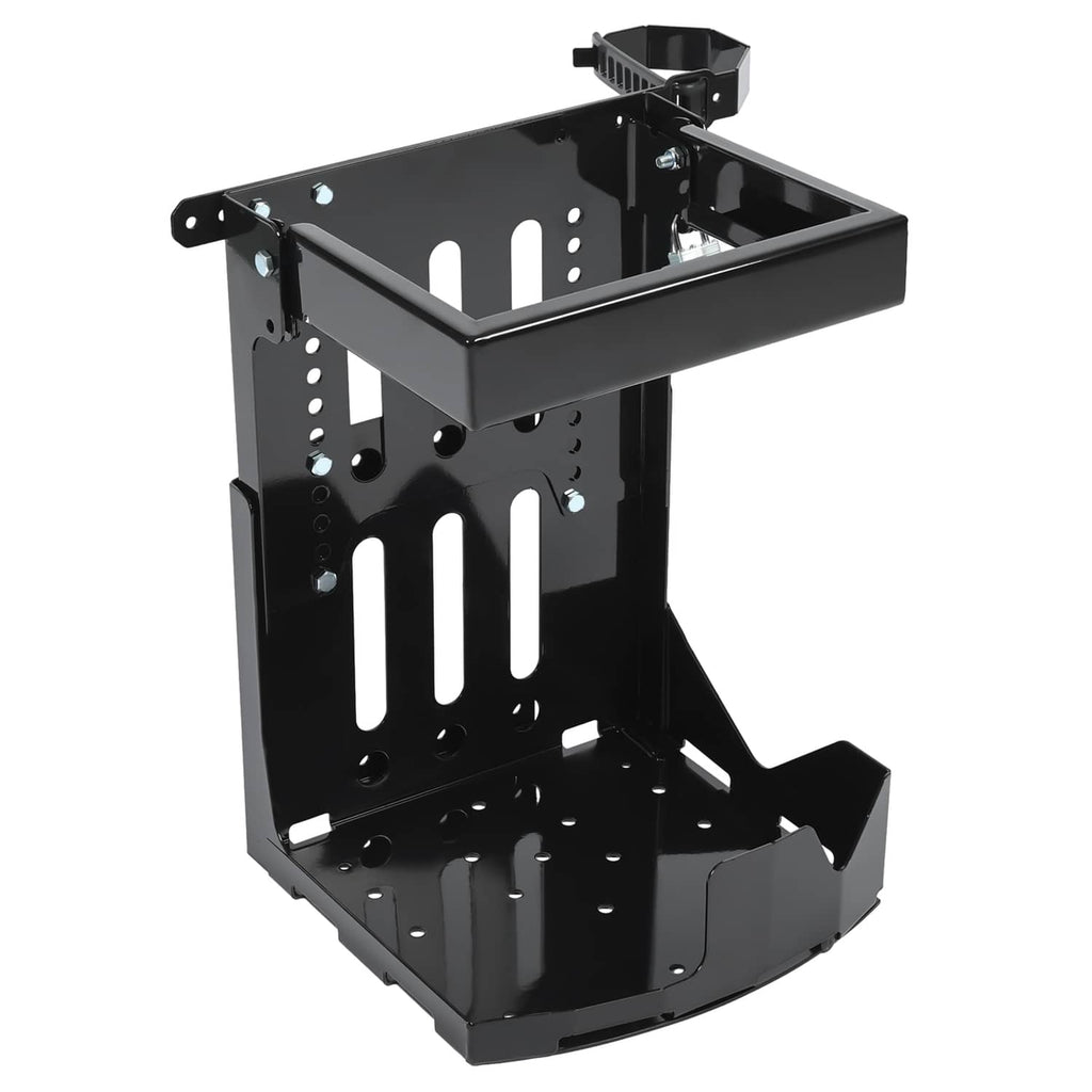 Black trailer rack mount with open top tray and perforated side support panels