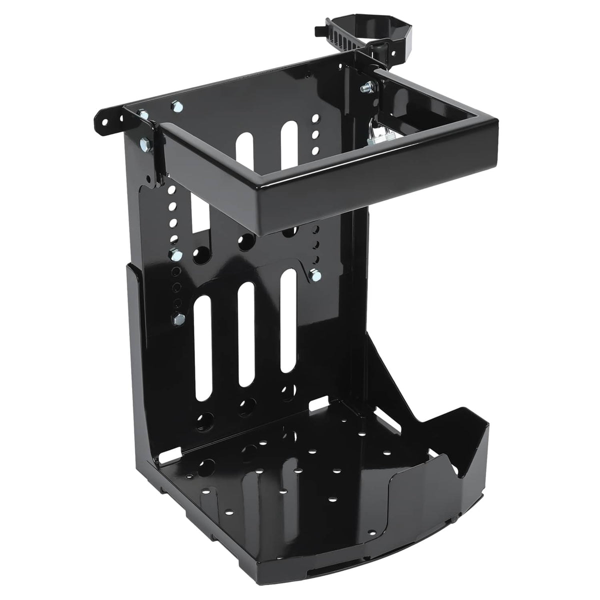 Black trailer rack mount with open top tray and perforated side support panels