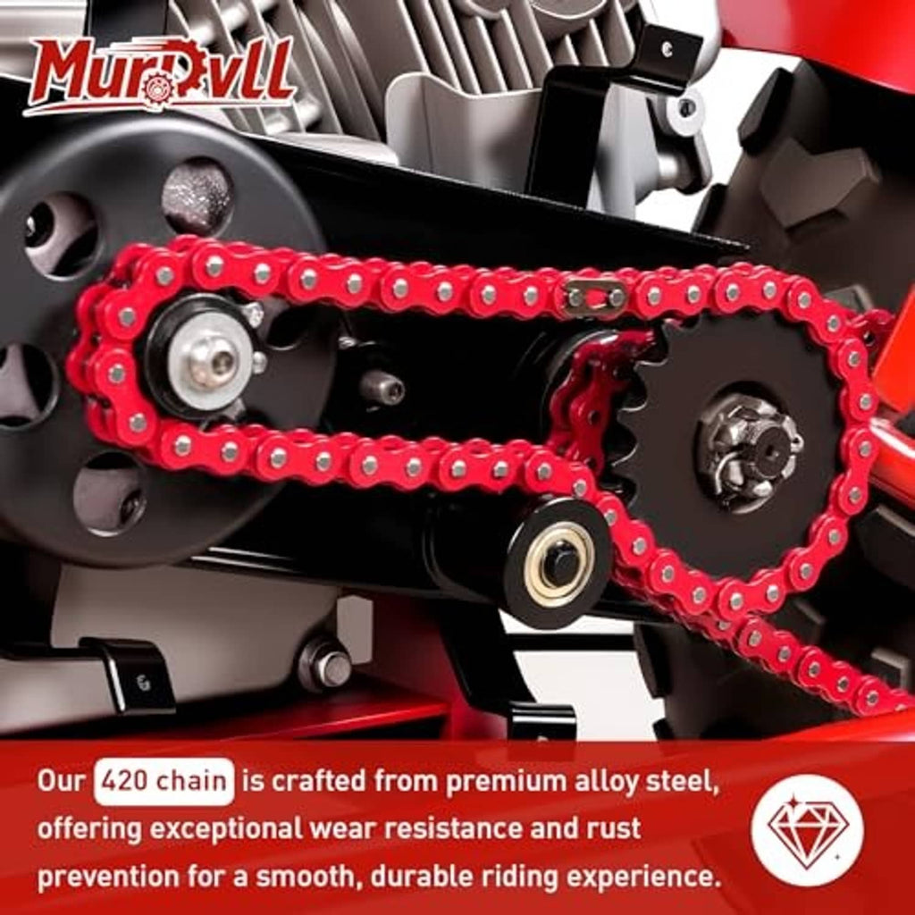 Red 420 chain drive close-up on engine sprocket with chain pins and tension hardware