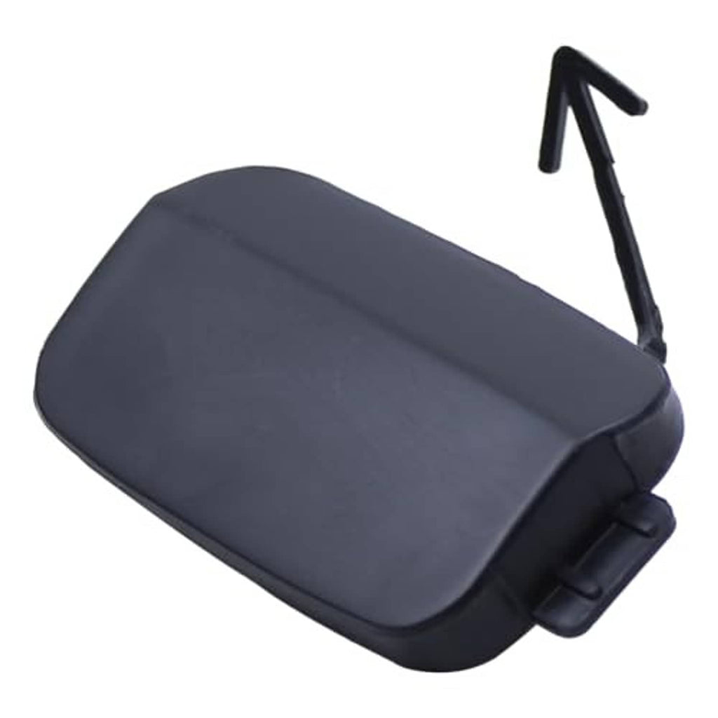 Rear tow hook eye cover cap close-up with edge clip tabs, dark blue/black