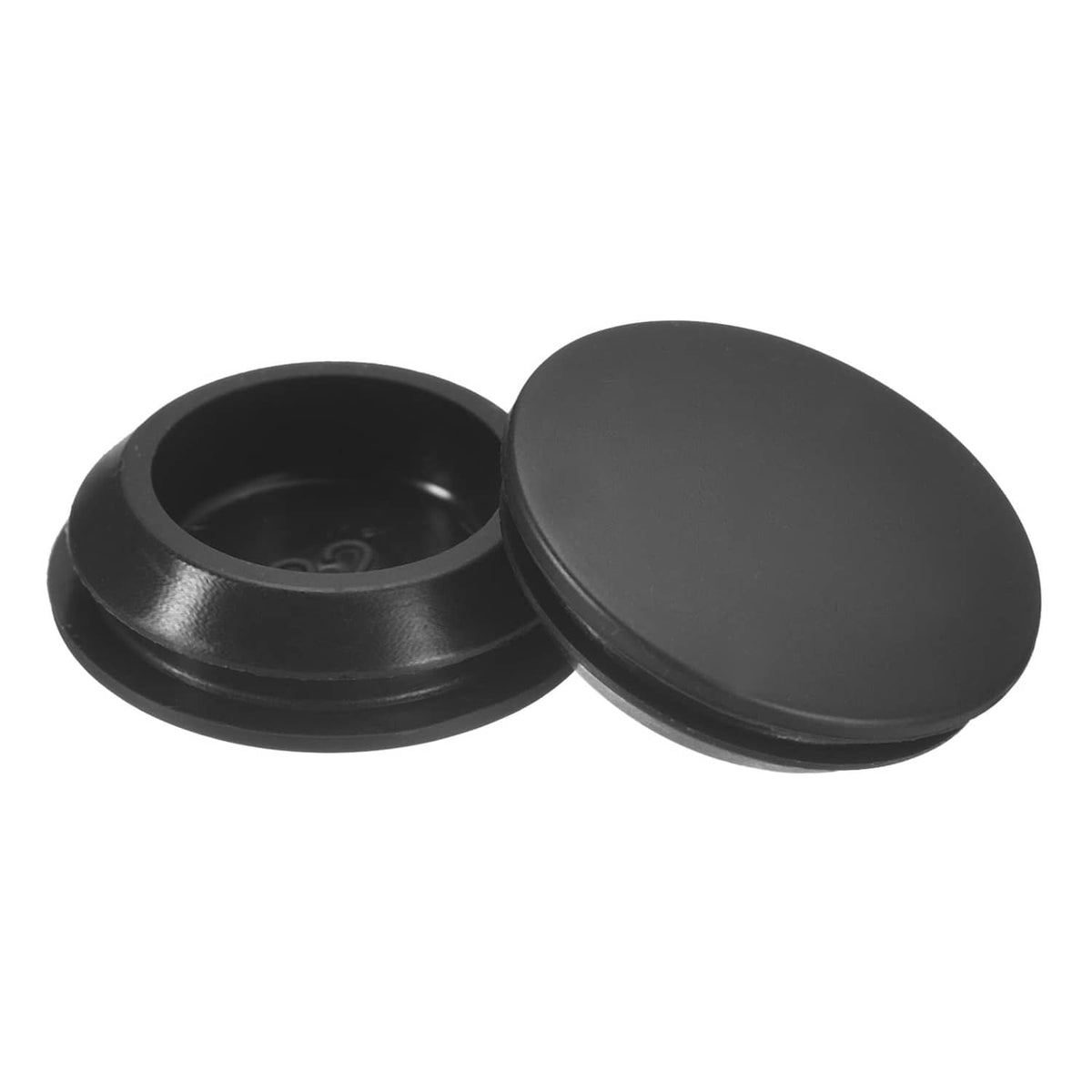 Round snap-in silicone hole plugs with locking lip, black, two-piece view
