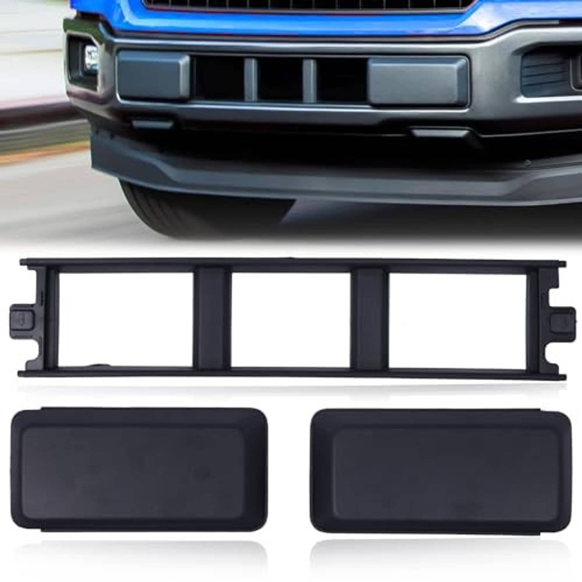 Black front bumper grille insert trim frame with two matching rectangular end inserts