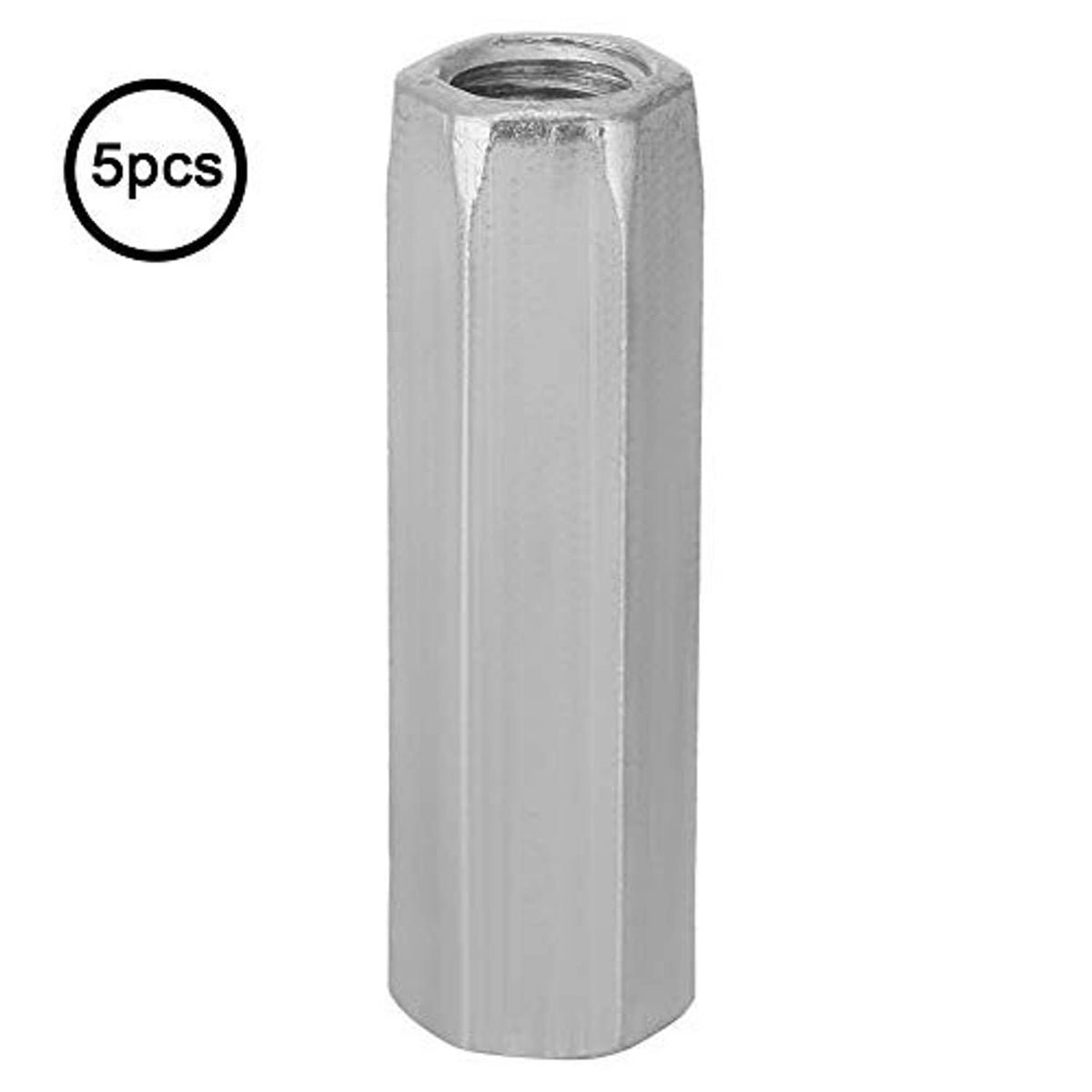 Long rod hex sleeve nut, silver zinc-plated, cylindrical body with threaded hole