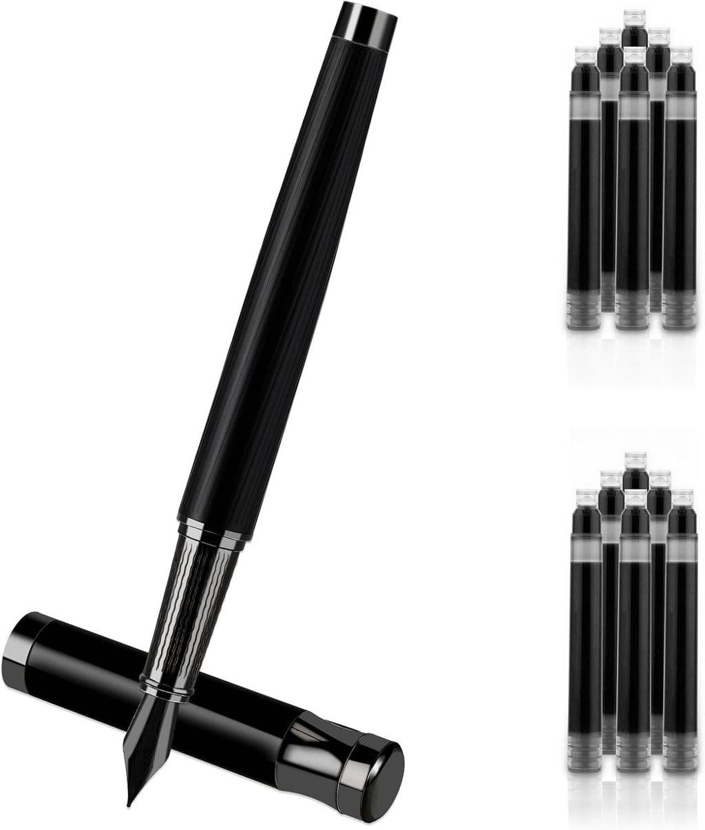 Black fountain pen with fine nib and metal collar; set of ink cartridges shown